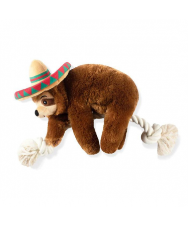 SOMBRERO SLOTH ON A ROPE DOG SQUEAKY PLUSH TOY